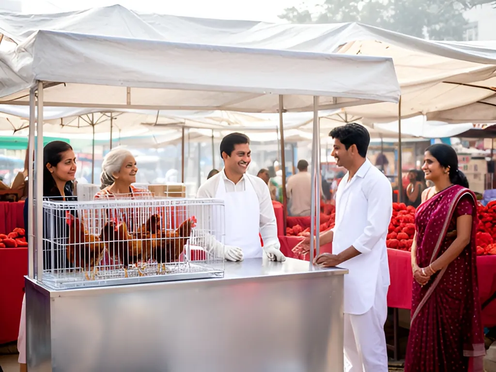 Weekly-market cage stall: chicken shop in India
